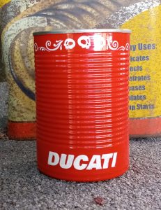 Recycled tin cans with Ducati logo