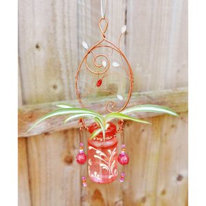 Quirky hanging tiny glass jar painted with copper wire and beads