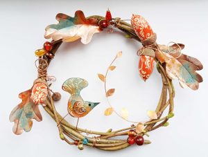 copper wire bird hedgerow glass beads acorns